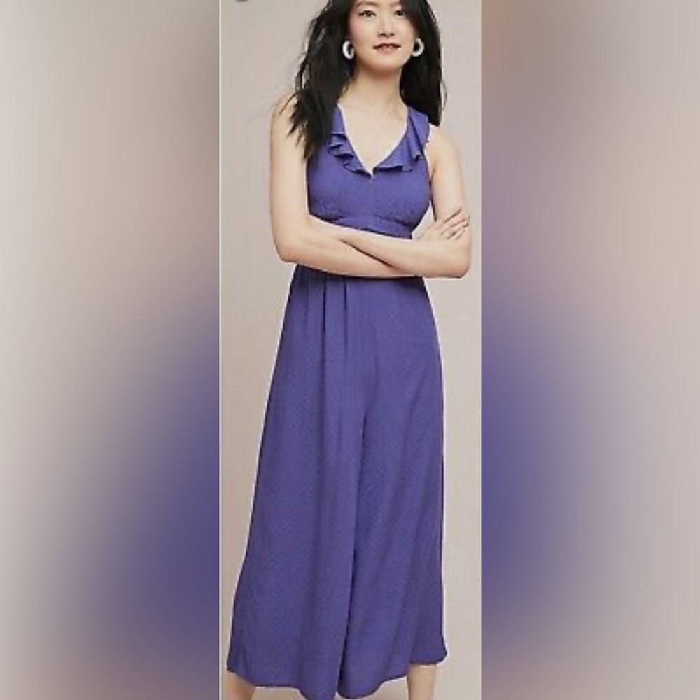 Anthropologie | Maeve Syros Ruffled Blue Pin Dot Flowing Wide Leg Jumpsuit